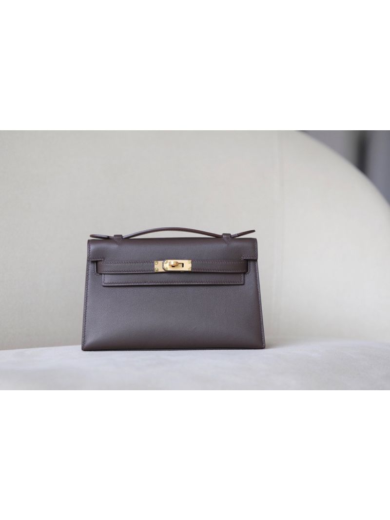 Hermes Mini Kelly Pochette Clutch Bag in Swift Leather Cafe