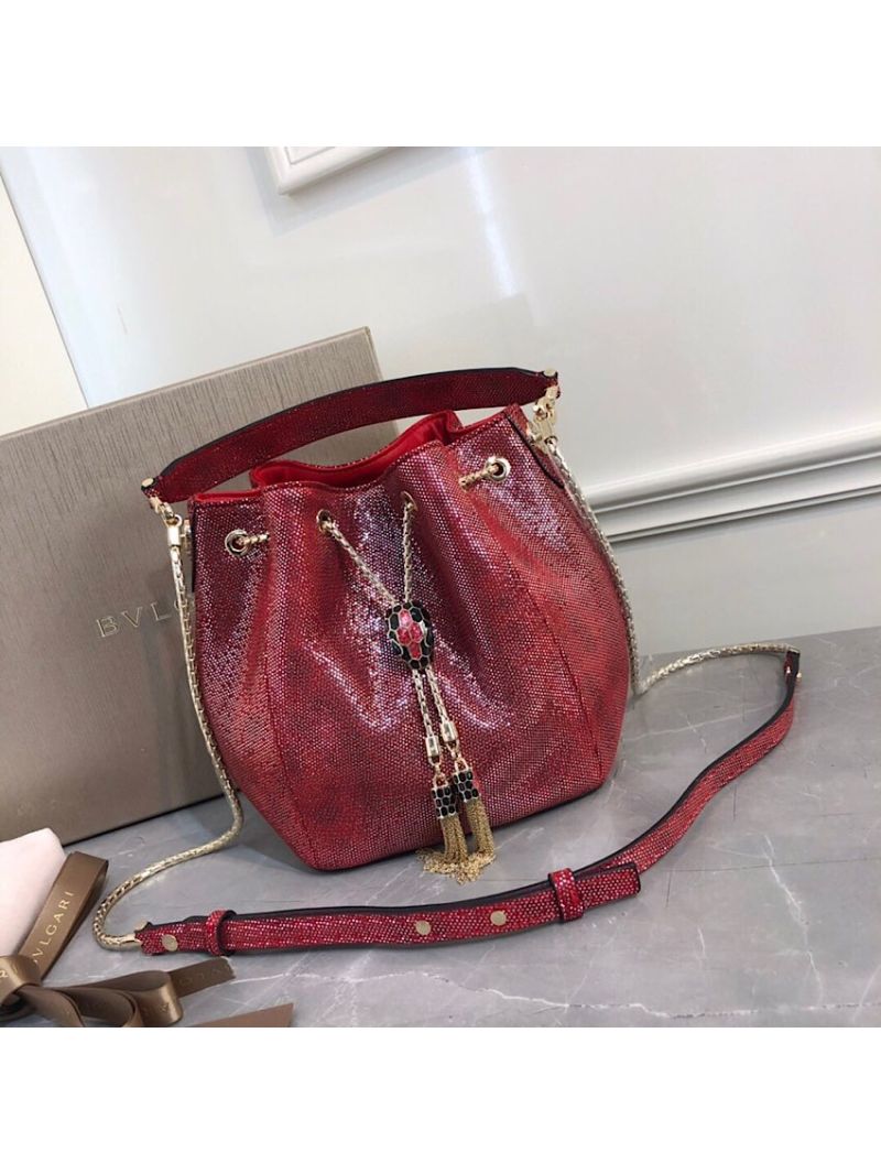 Bvlgari Serpenti Forever Bucket Bag in Red Metallic Karung Snake Skin 
