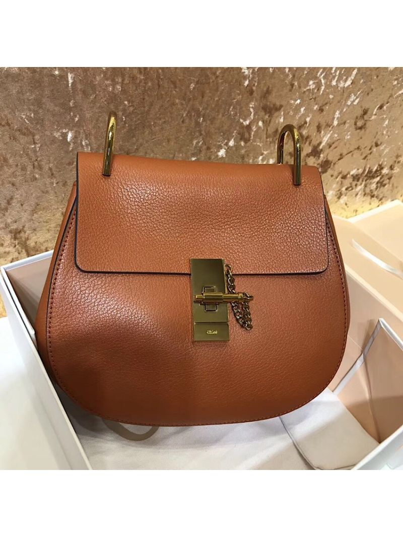 Chloe Drew Shoulder Bag in Grained Lambskin Tobacco