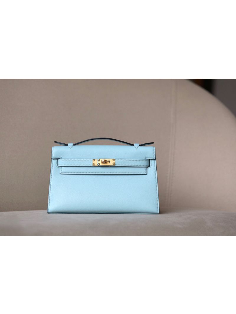 Hermes Mini Kelly Pochette Clutch Bag in Swift Leather U2 Blue Zephyr