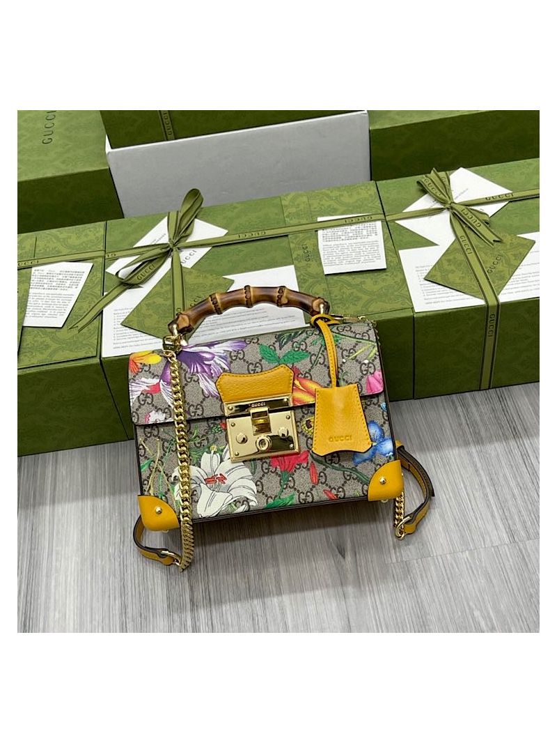 Gucci Padlock GG Supreme Canvas Small Bamboo Shoulder Bag 603221 Flora