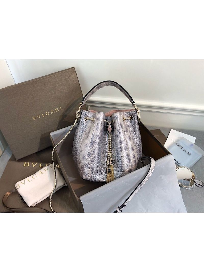Bvlgari Serpenti Forever Bucket Bag in Crystal Rose Metallic Karung Snake Skin 