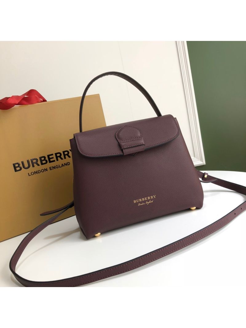 Burberry Grainy Leather and House Check Tote Bag Mahogany Red