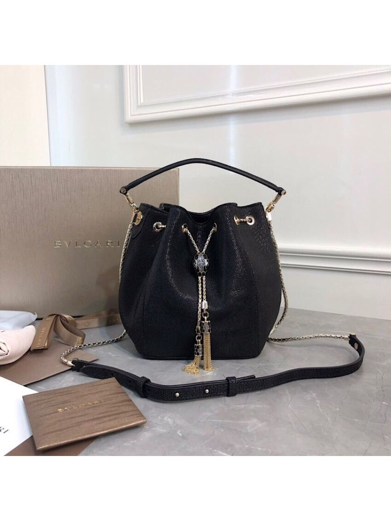 Bvlgari Serpenti Forever Bucket Bag in Black Metallic Karung Snake Skin 