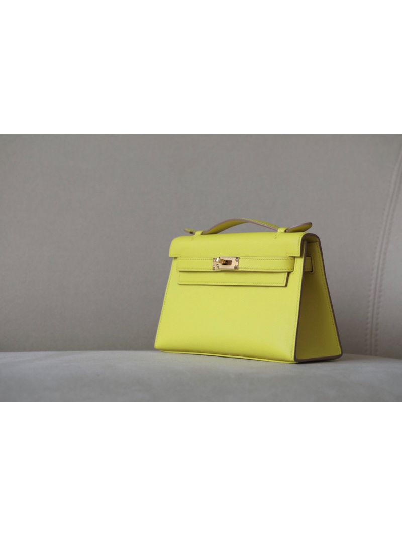 Hermes Mini Kelly Pochette Clutch Bag in Swift Leather Lime