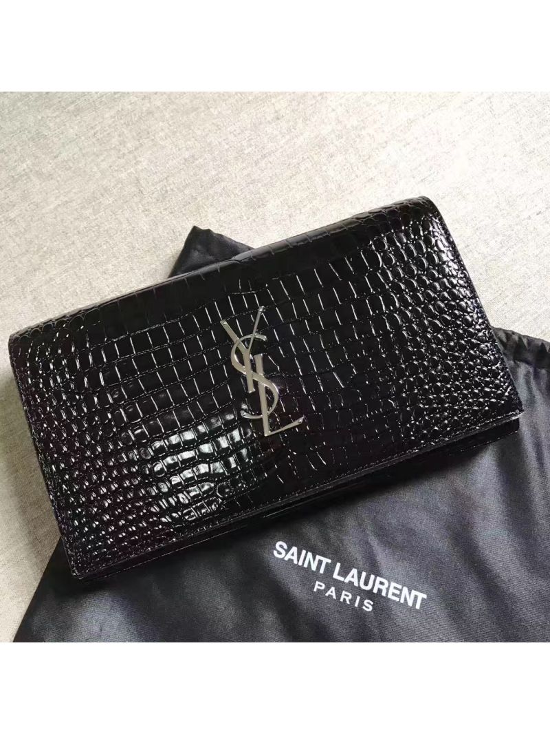 YSL Monogram Saint Laurent Chain Wallet In Black Crocodile Embossed Shiny Leather 442015