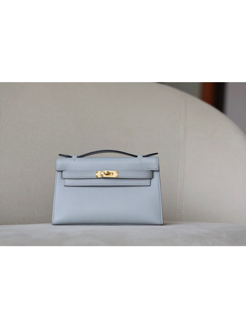 Hermes Mini Kelly Pochette Clutch Bag in Swift Leather Gris Moutte