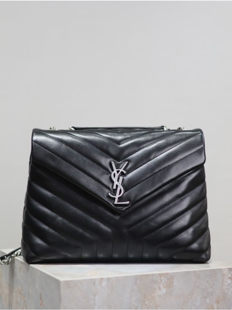 YSL Saint Laurent Medium Loulou Bag In Black "Y" Matelassé Leather 459749 Silver Hardware