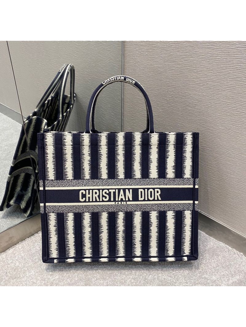 Dior Book Tote Blue D-Stripes Embroidery Canvas Bag