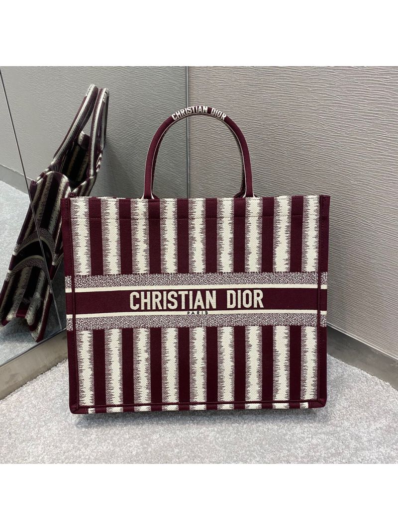 Dior Book Tote Burgundy D-Stripes Embroidery Canvas Bag