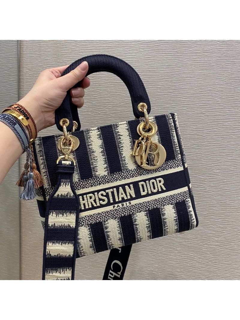 Dior Medium Lady D-lite Bag Blue D-Stripes Embroidery