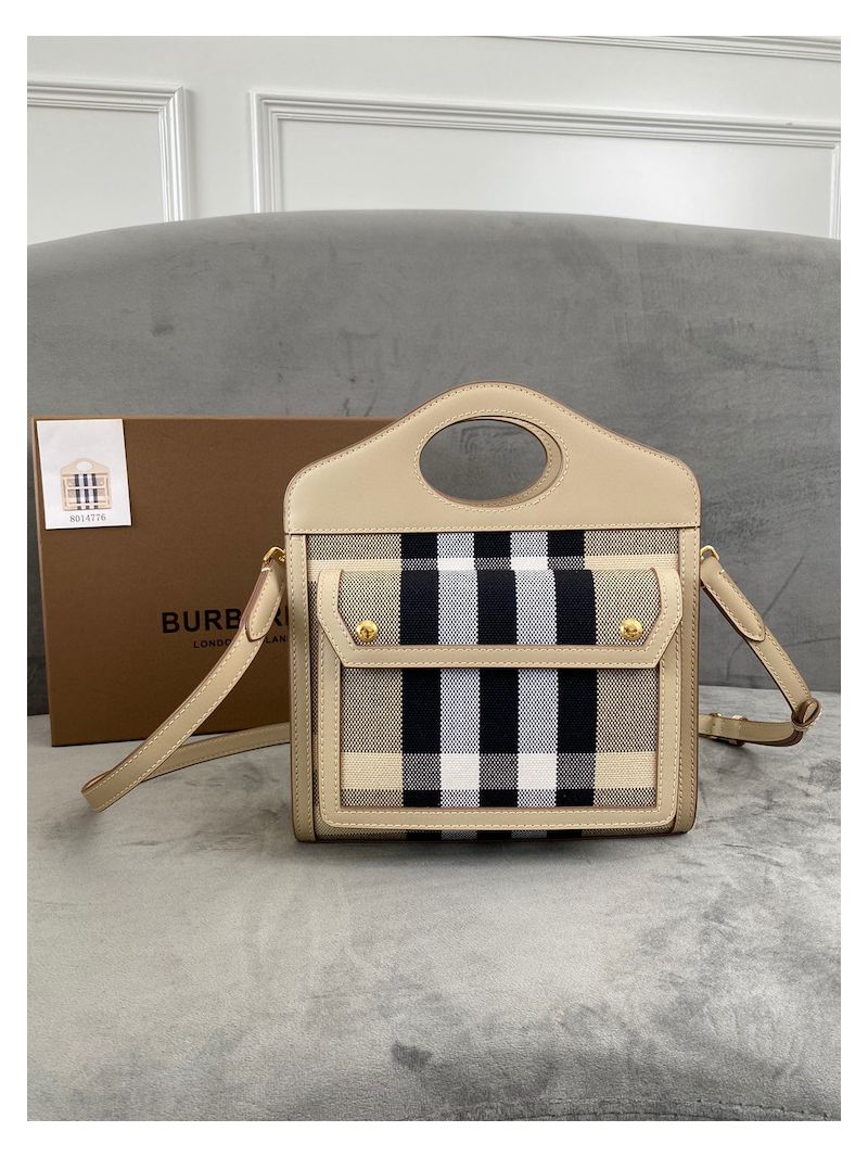 Burberry Mini Check Cotton and Leather Pocket Bag Beige 80280621