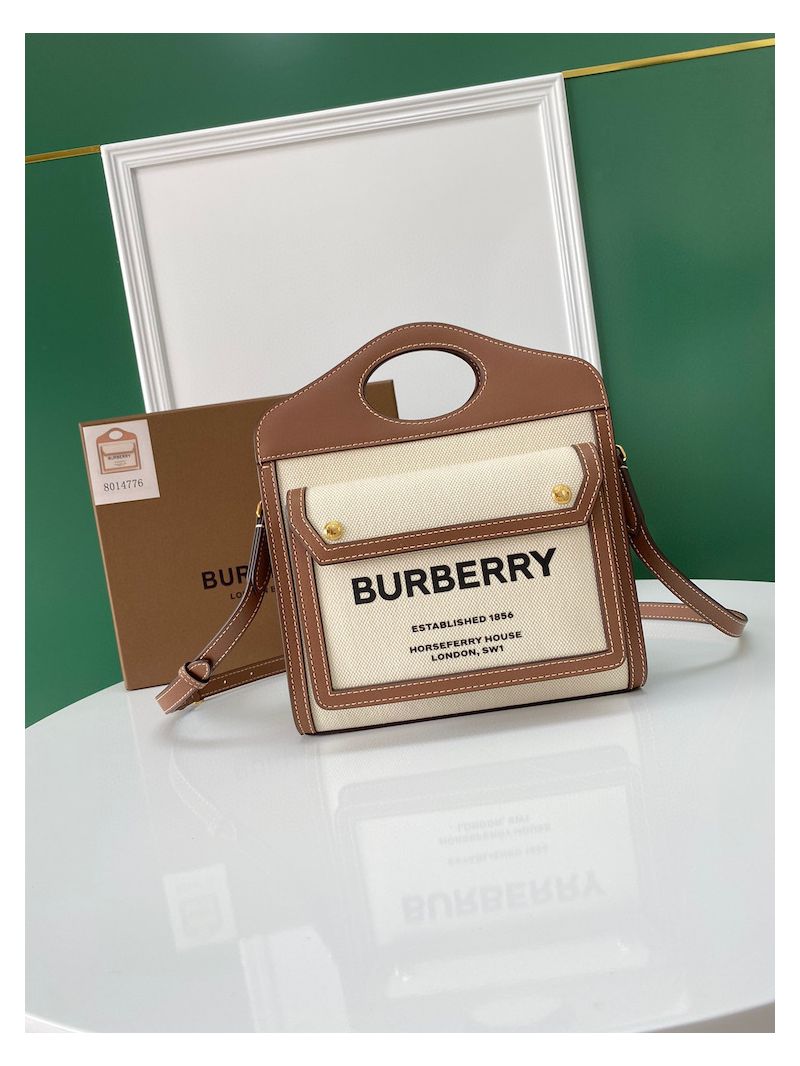 Burberry Mini Two-tone Canvas and Leather Pocket Bag 80146151 Natural w malt brown