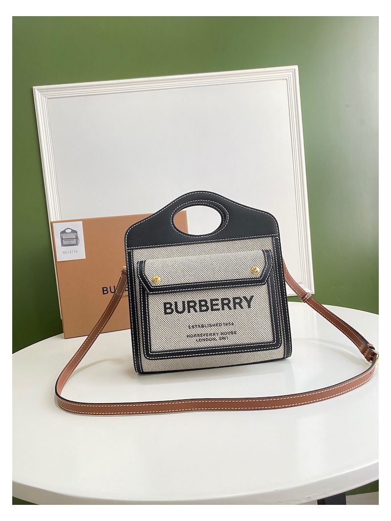 Burberry Mini Two-tone Canvas and Leather Pocket Bag 80146151 Black Tan