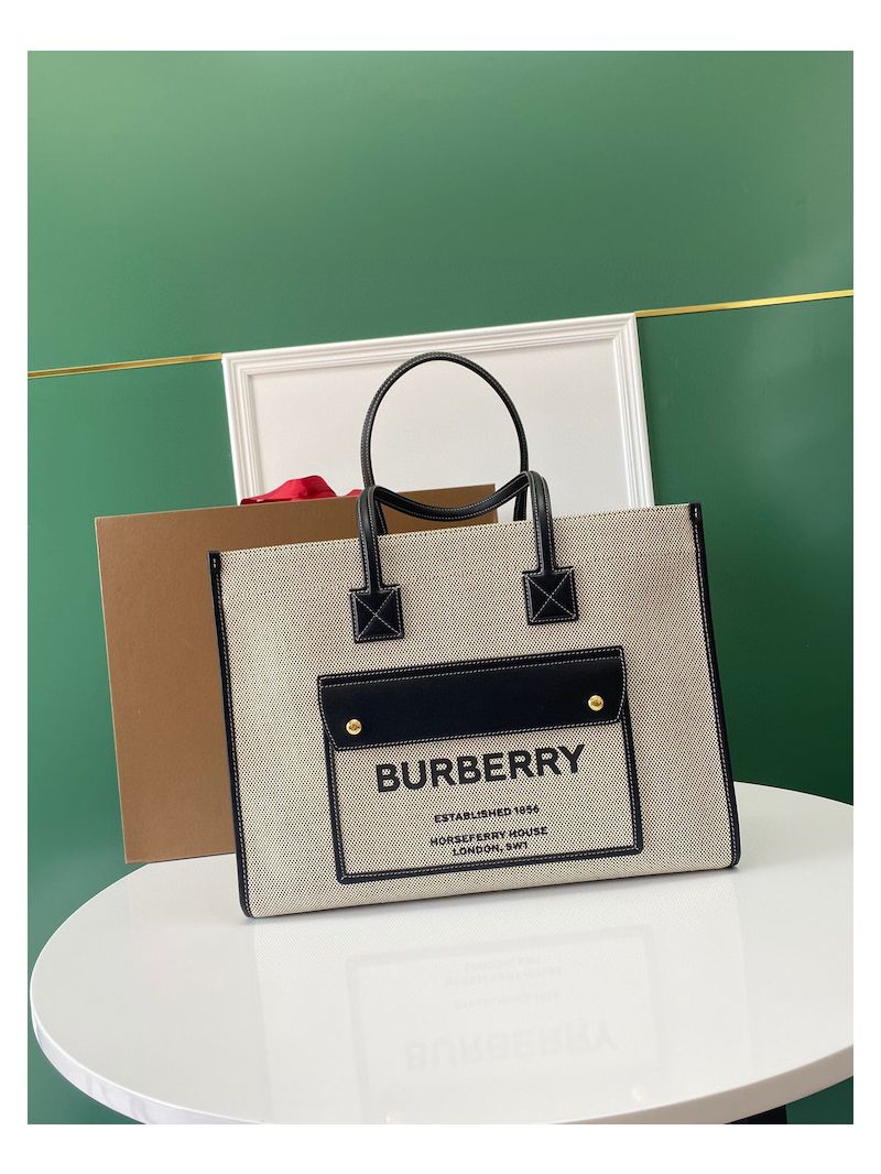 Burberry Small Medium Two-tone Canvas and Leather Freya Tote 80441291 Black