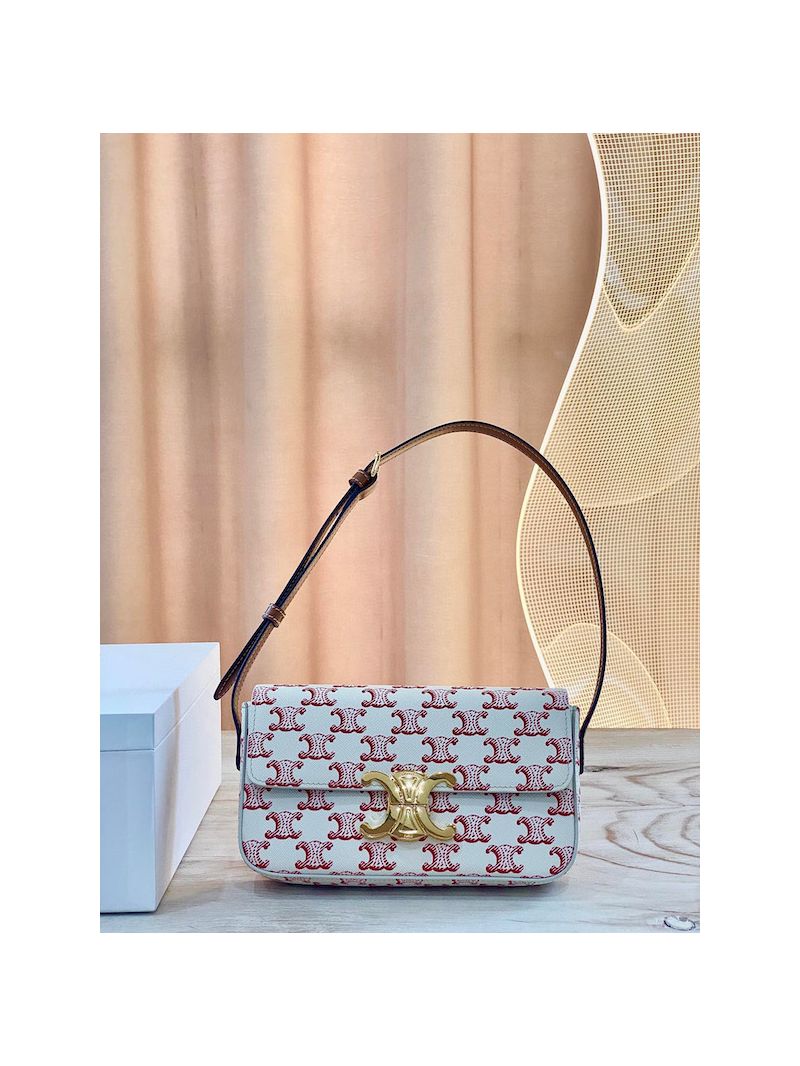 Celine Triomphe Shoulder Bag In Triomphe Canvas And Calfskin 194143 Red