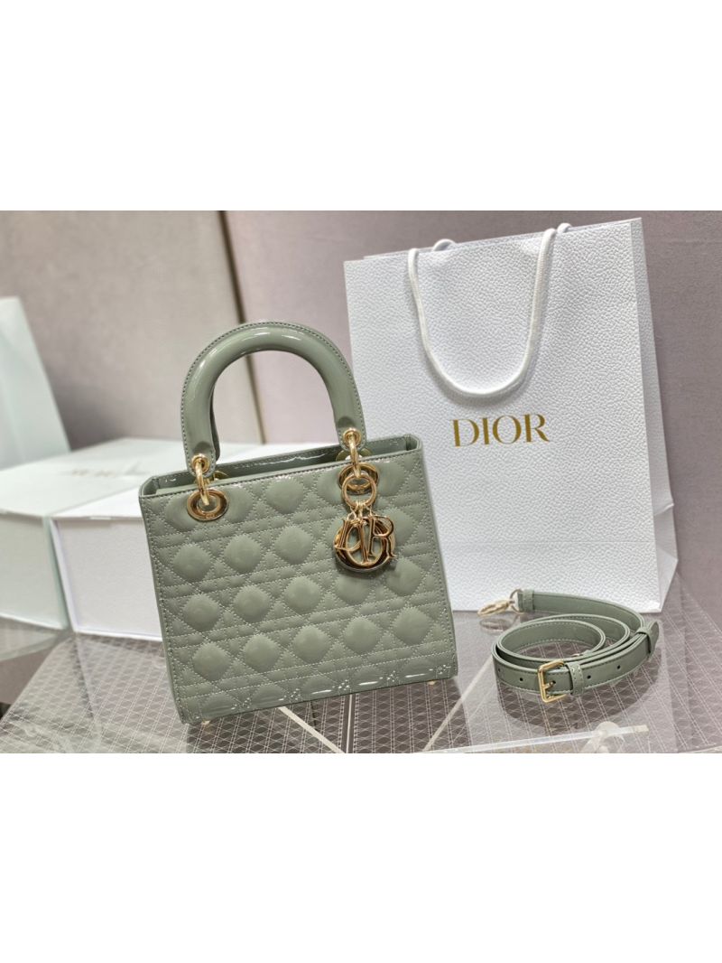 Dior Medium Lady Dior Flap Cover Patent Calfskin Bag M0565 Stone Gray