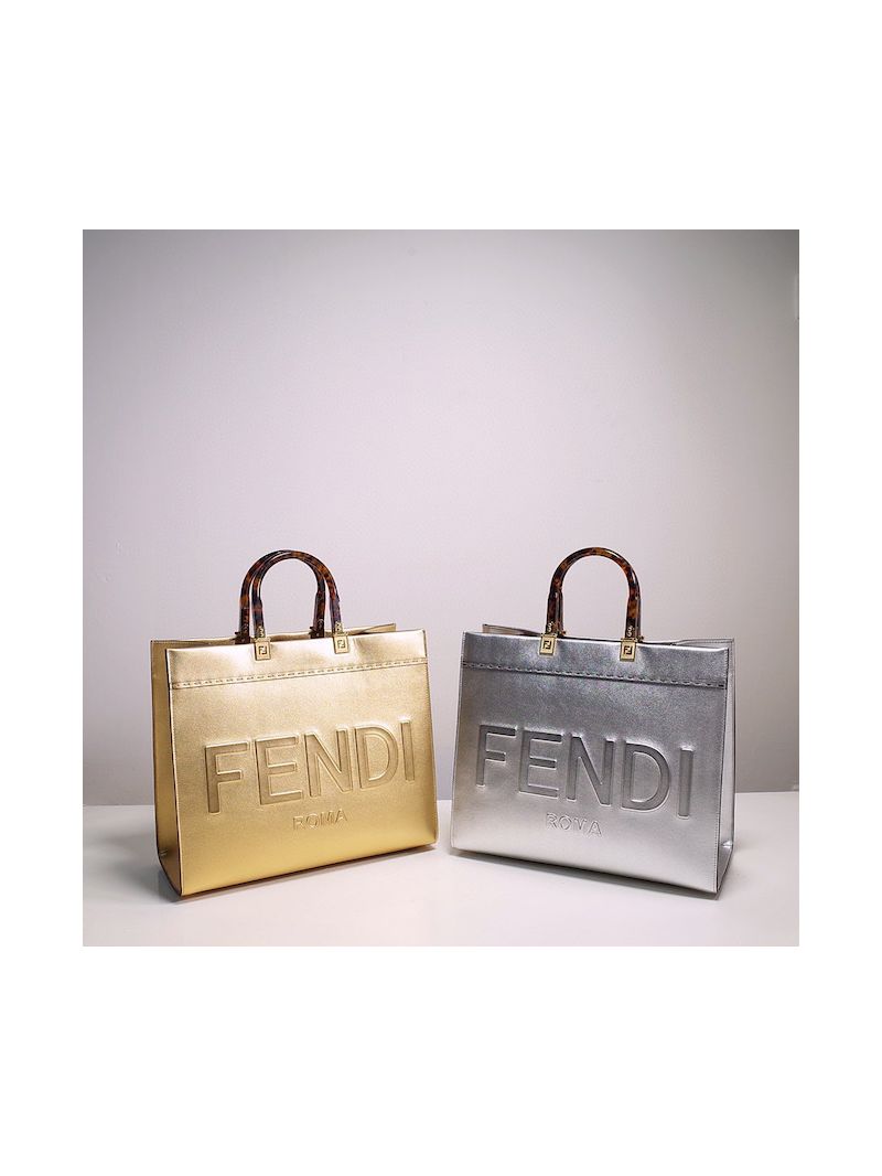 Fendi Sunshine Medium Silver laminated Leather Shopper 8BH386