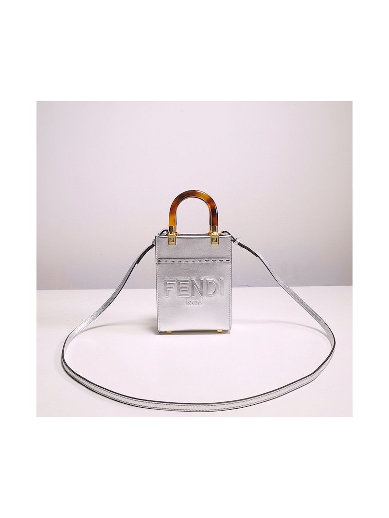 Fendi Mini Sunshine Shopper Silver laminated leather shopper 8BS051