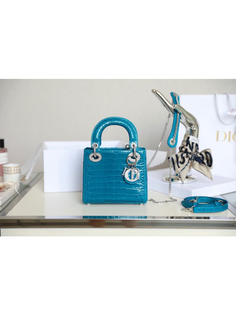Dior Crocodile Leather Mini Lady Dior Bag with Crystals in Blue Izmir