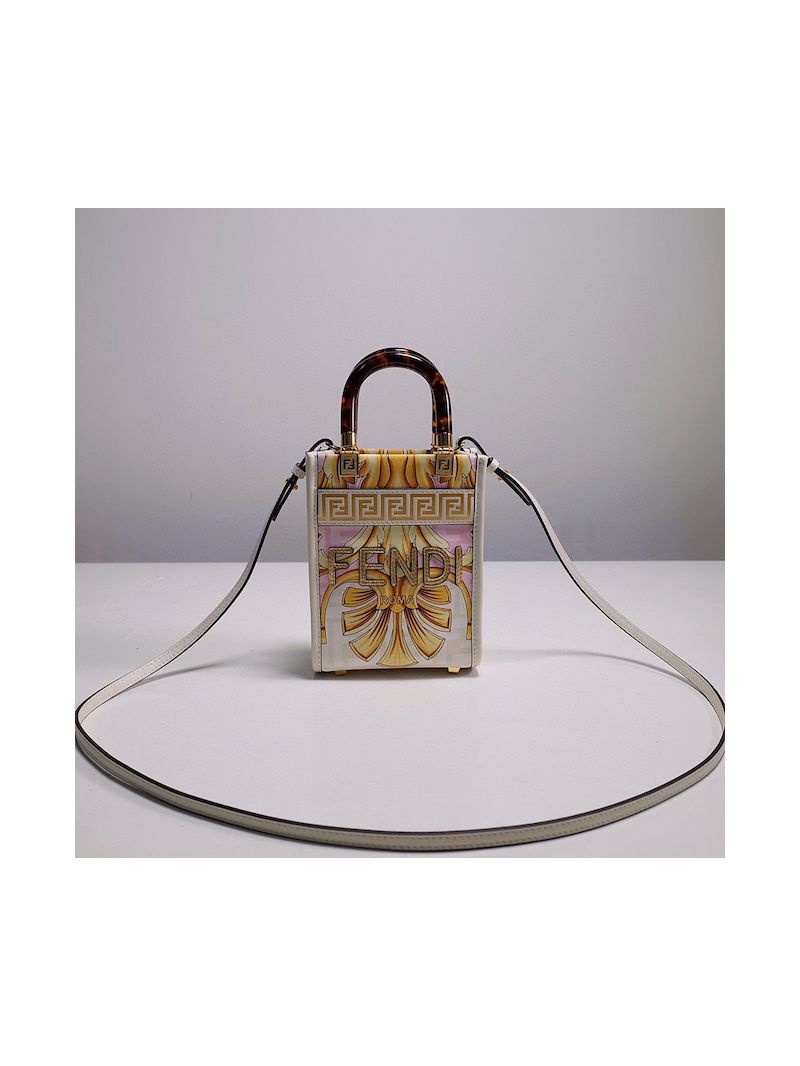 Fendi Mini Sunshine Shopper Fendace Printed White leather mini bag 8BS051