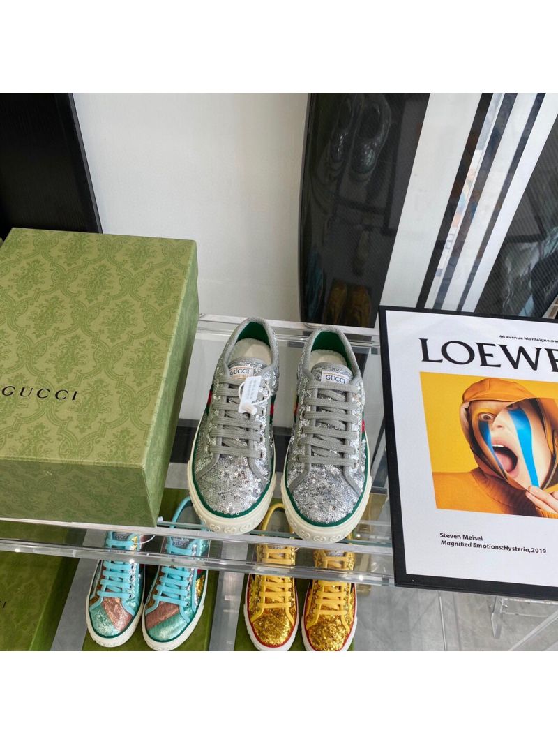 Gucci Women's GG Tennis 1977 Sneaker 652622 with Sequins Embroidered Silver