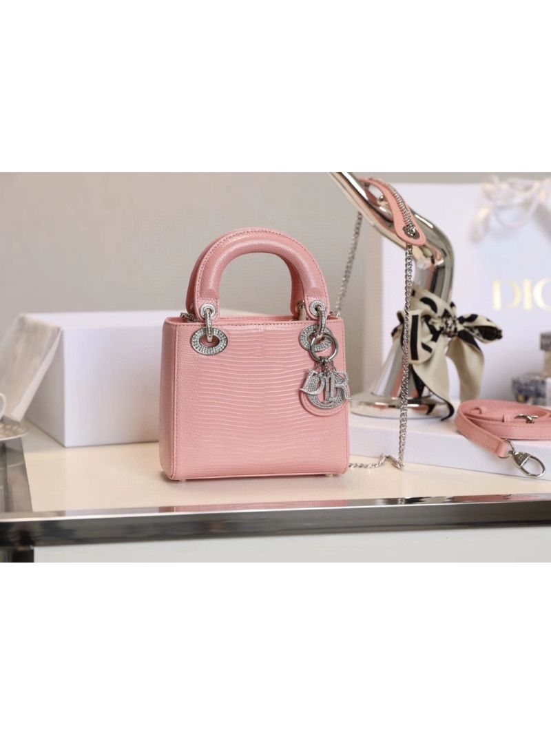 Dior Lizard Leather Mini Lady Dior Bag with Crystals in Sakura Pink