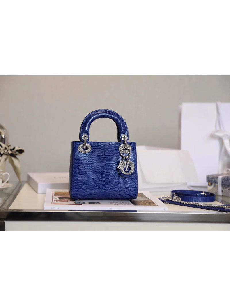 Dior Lizard Leather Mini Lady Dior Bag with Crystals in Electric Blue