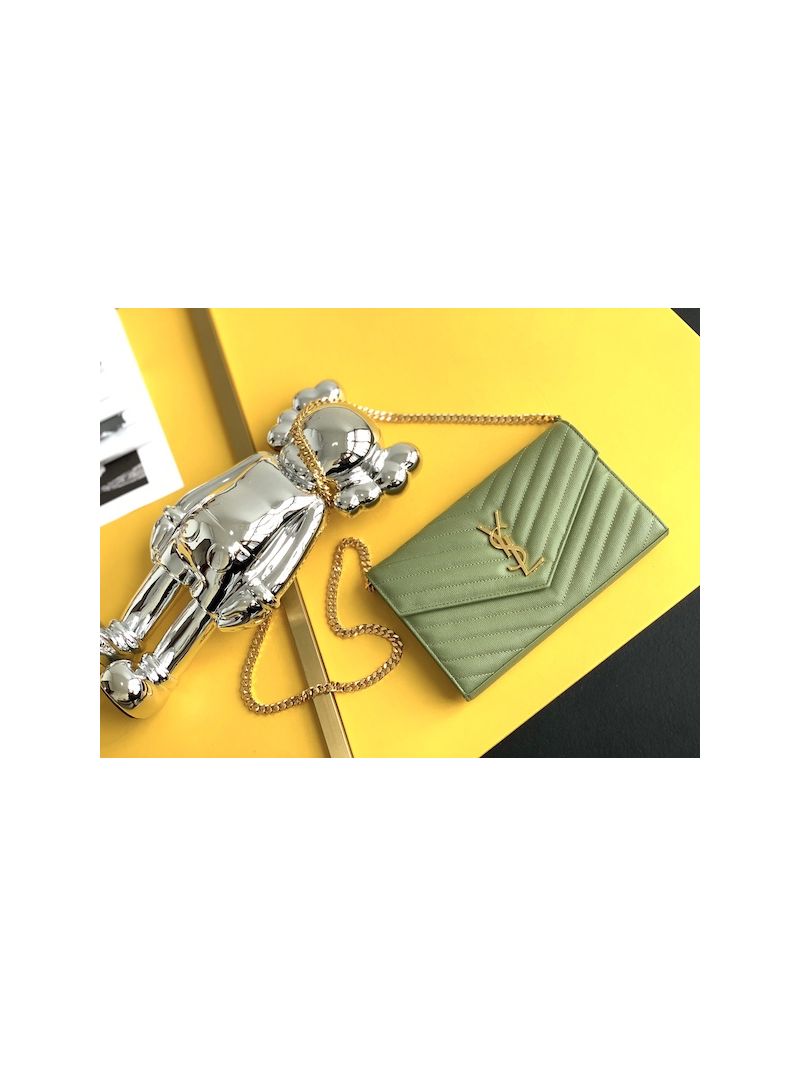 YSL Saint Laurent Monogram Chain Wallet Grain De Poudre Textured Matelasse Leather Pistache 