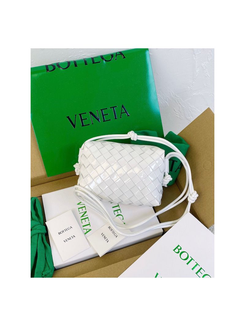 Bottega Veneta BV Loop Mini Intrecciato Patent Leather Cross-body Bag 680254 White