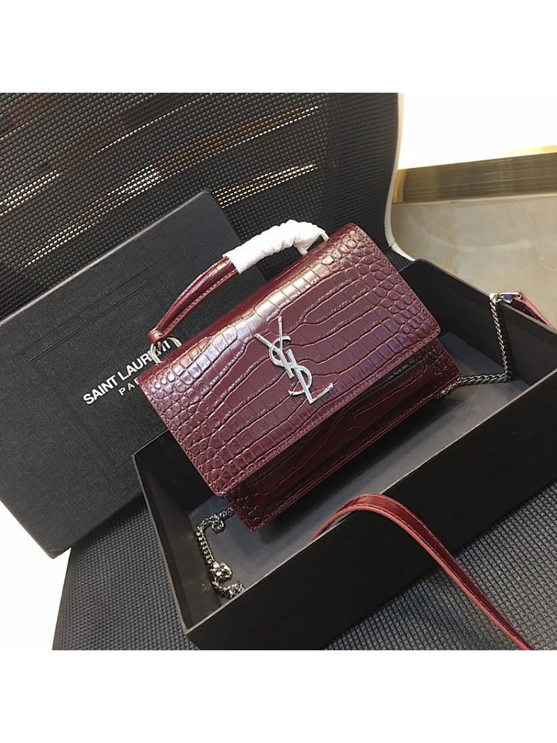 Saint Laurent YSL Sunset Chain Wallet In Shiny Crocodile-embossed Leather 533026 Wine