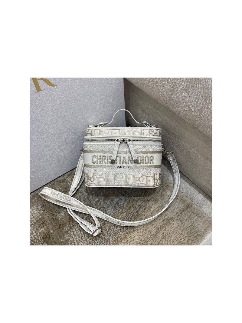 Dior Small Diortravel Vanity Case With Shoulder Strap S5529 in Gold-Tone Oblique Embroidery
