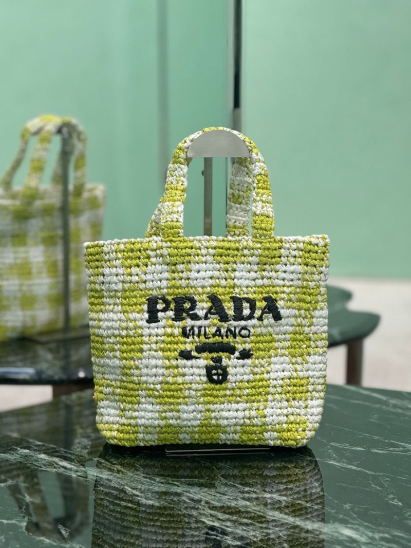 Prada Small crochet tote bag raffia-effect yarn 1BG422 Checker Green