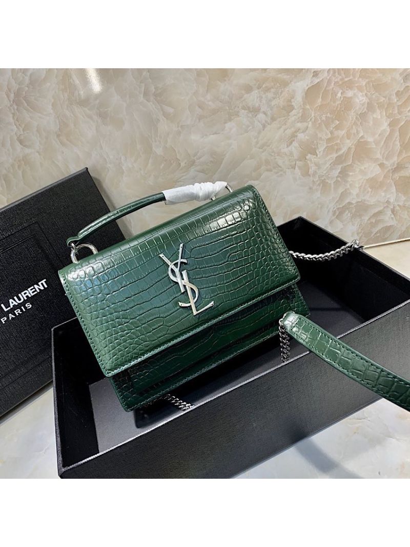 Saint Laurent YSL Sunset Chain Wallet In Shiny Crocodile-embossed Leather 533026 Green