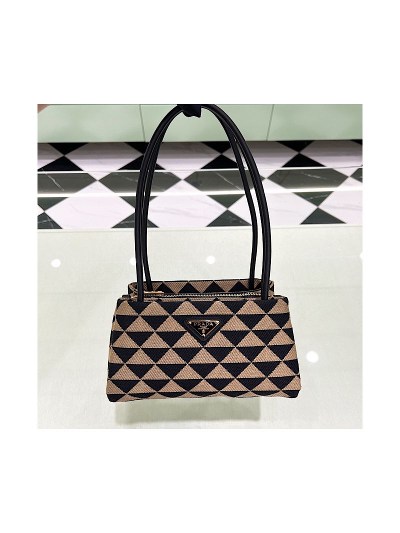 Prada Symbole Small embroidered fabric Bag 1BA368 Black Beige