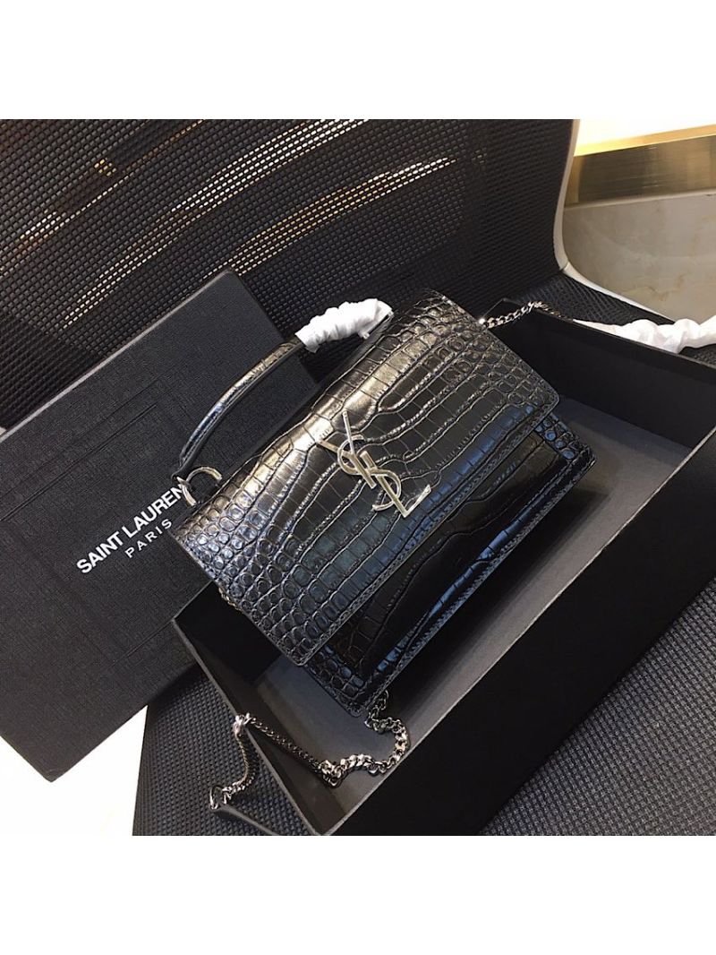 Saint Laurent YSL Sunset Chain Wallet In Shiny Crocodile-embossed Leather 533026 Black