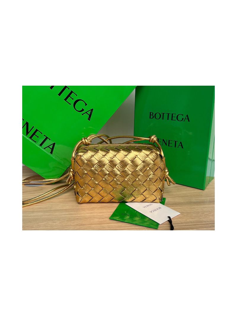 Bottega Veneta BV Loop Mini Intrecciato Lambskin Leather Cross-body Bag 680254 Metallic Gold