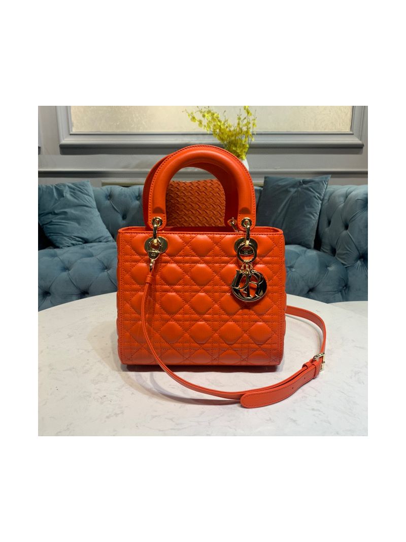 Dior Lady Dior Medium Flap Cover Quilted in Cannage Lambskin Leather Bag M0565 Orange
