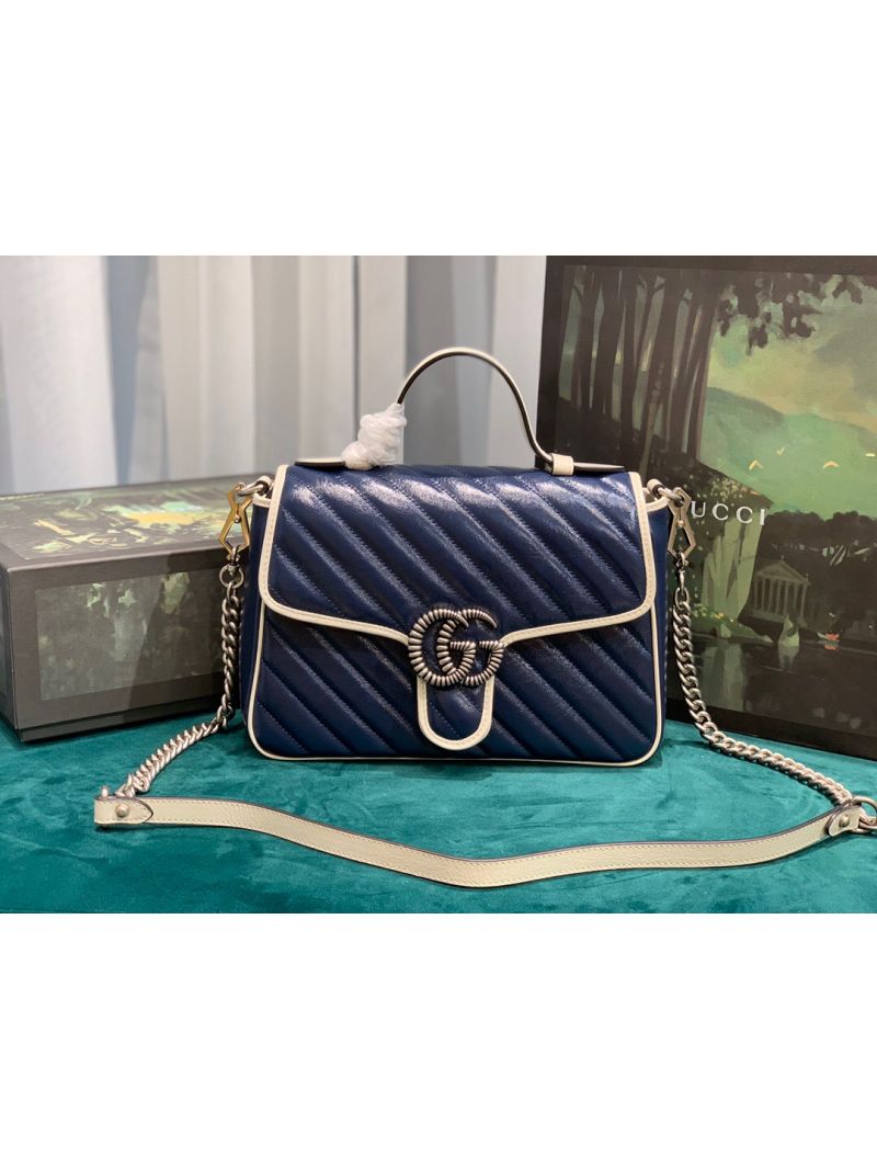 Gucci GG Marmont Small Top Handle Bag 498110 with Diagonal Matelasse Blue