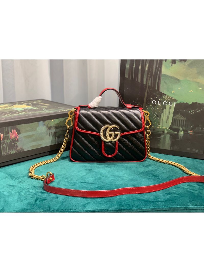 Gucci Torchon GG Marmont Mini top Handle Bag 583571 with Diagonal Matelasse Red