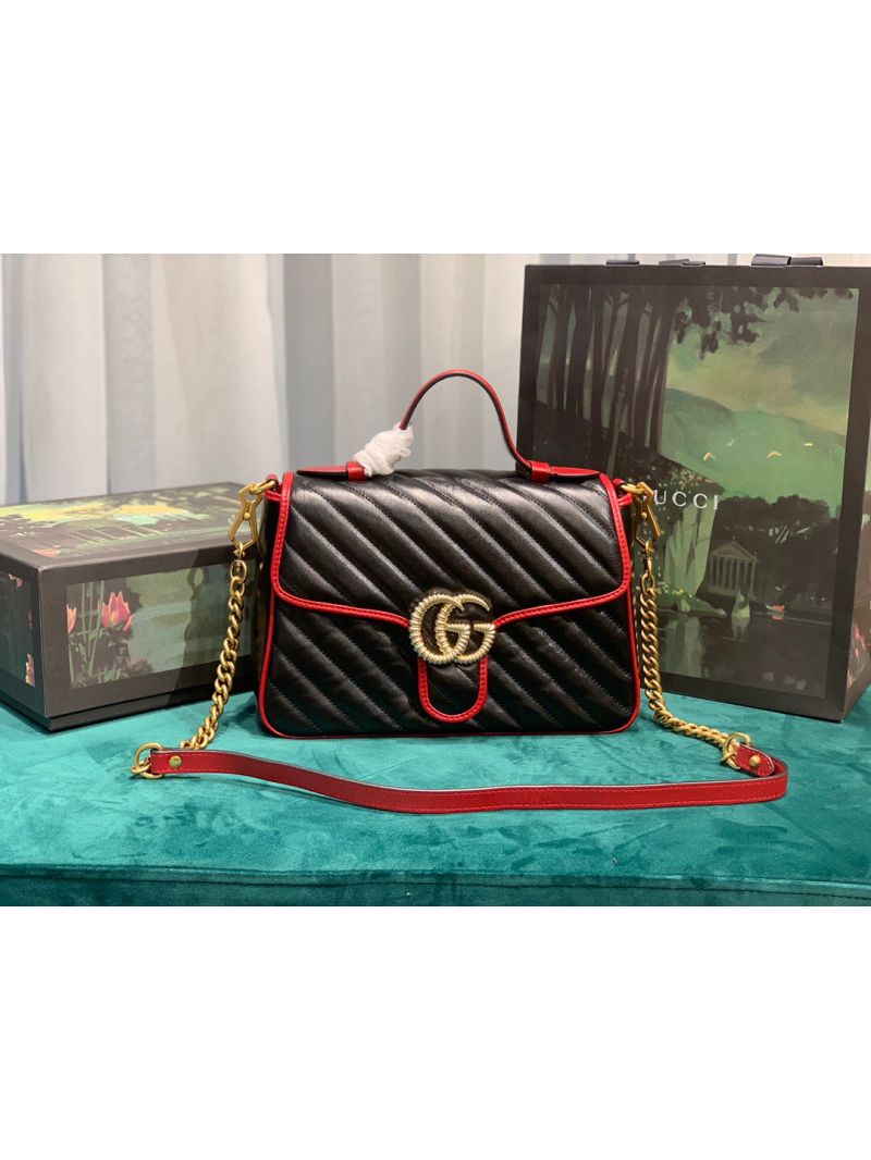 Gucci GG Marmont Small Top Handle Bag 498110 with Diagonal Matelasse Red