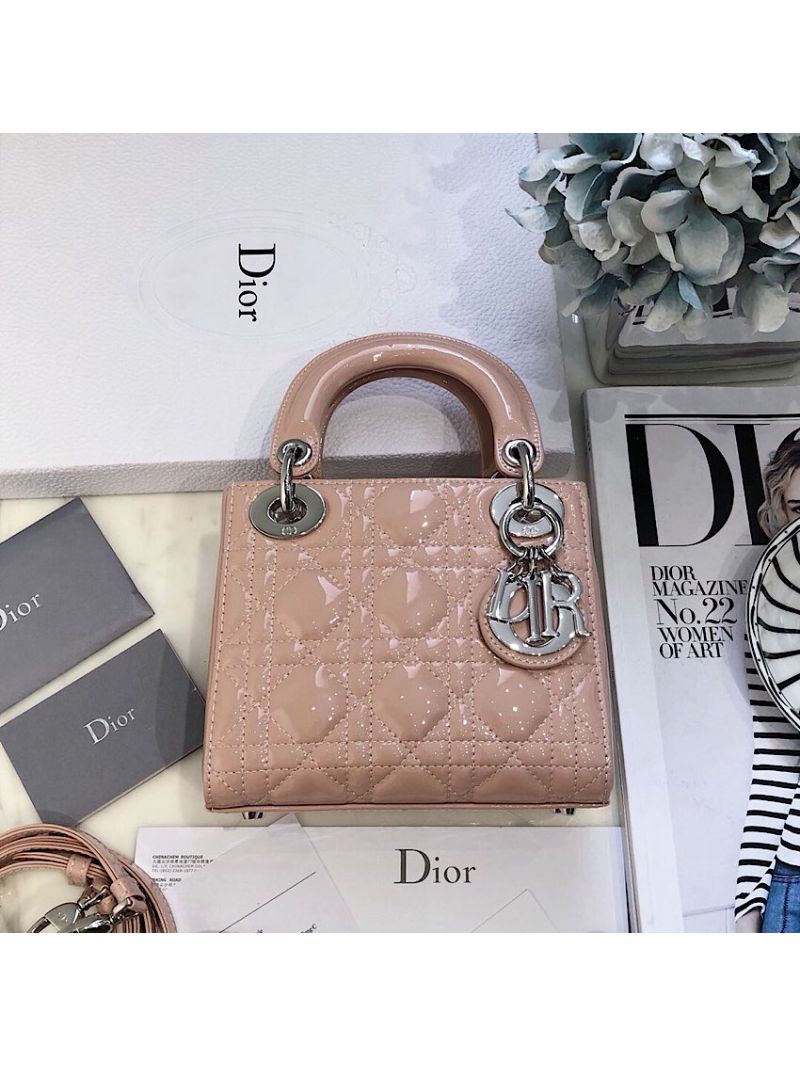 Christian Dior Quilted Antique Rose Patent Leather Lady Dior Bag