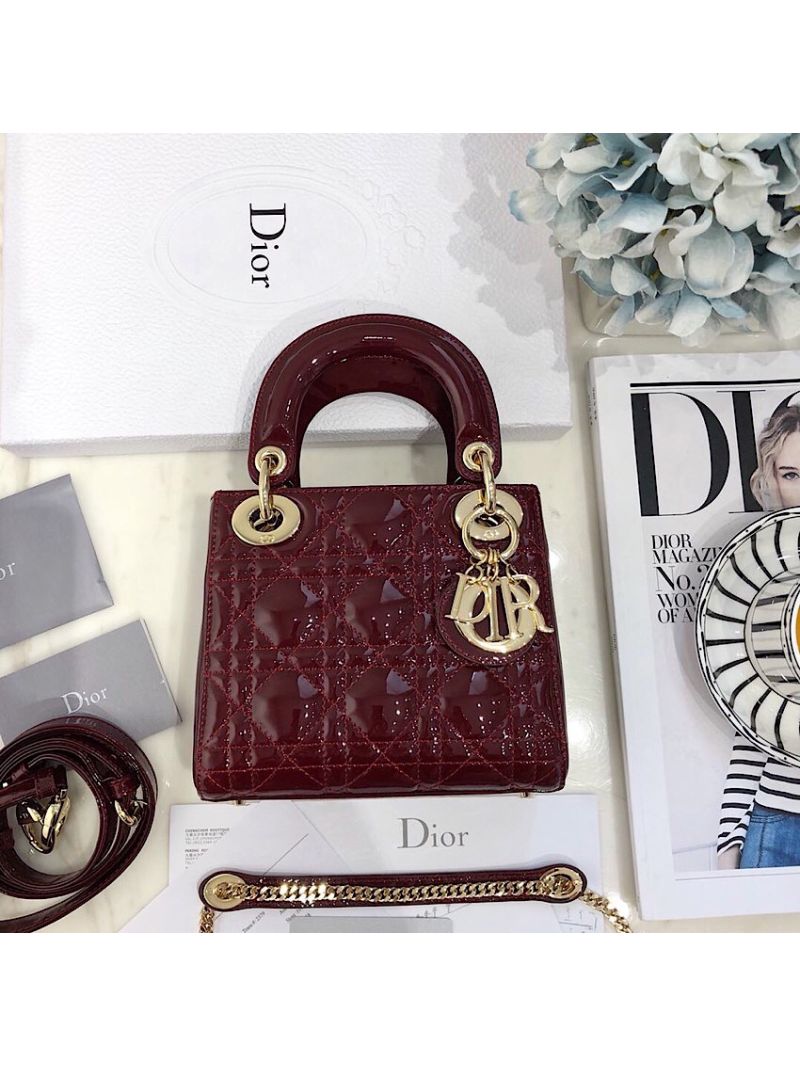 Christian Dior Quilted Wine Red Patent Leather Lady Dior Bag