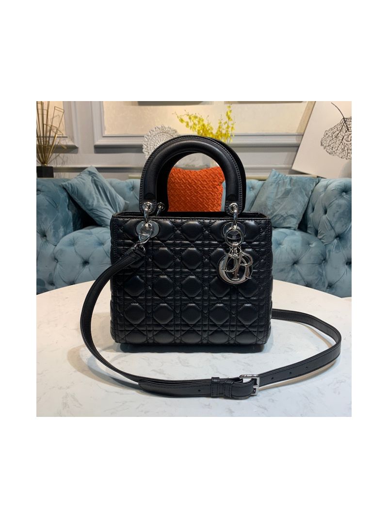 Dior Lady Dior Flap Cover Medium Quilted in Cannage Lambskin Leather Bag M0565 Black Silver Hardware