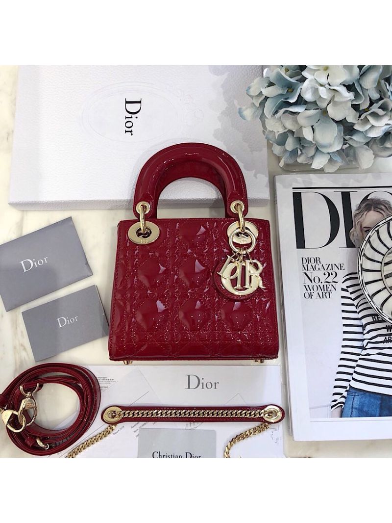 Christian Dior Quilted Cherry Red Patent Leather Lady Dior Bag