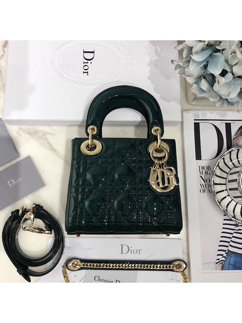 Christian Dior Quilted Jasper Green Patent Leather Lady Dior Bag