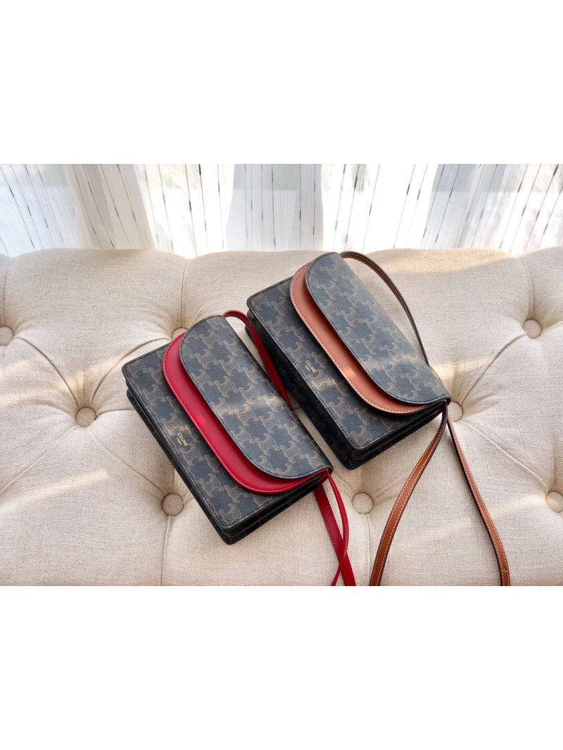 Celine Wallet On Strap In Triomphe Canvas And Smooth Lambskin Red