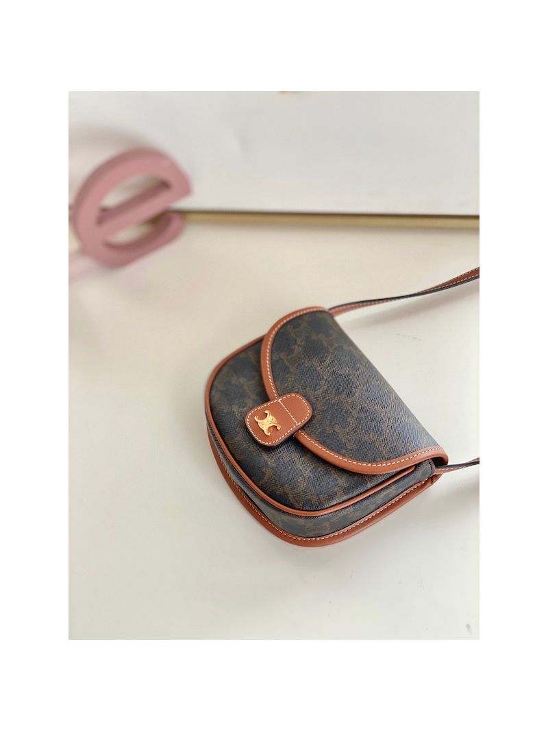 Celine Mini Besace In Triomphe Canvas And Calfskin 196702 Tan
