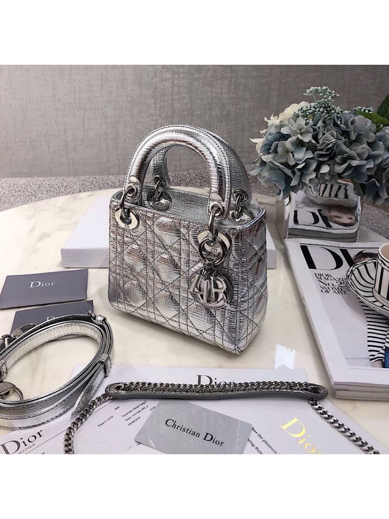 Christian Dior Lady Dior Grained Metallic Silver Bag