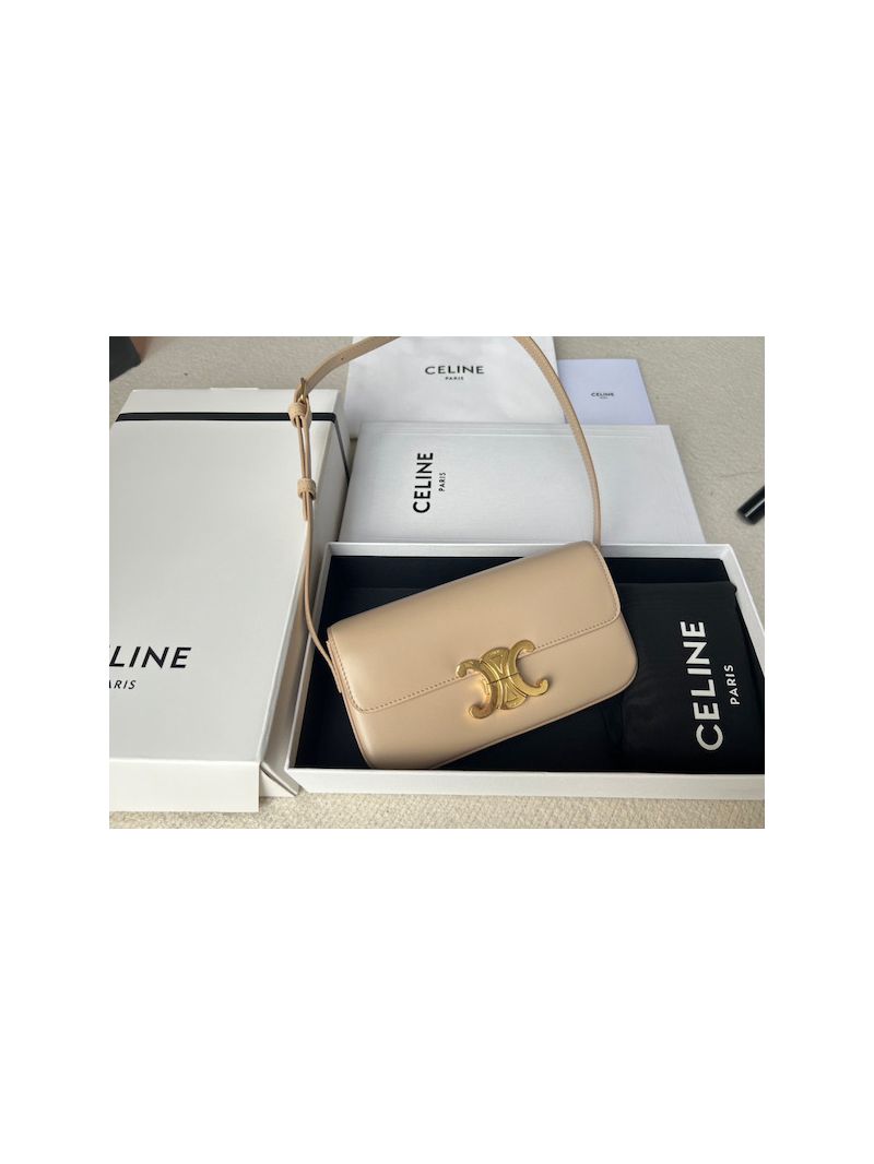 Celine Triomphe Shoulder Bag In Shiny Calfskin 194143 Light Beige
